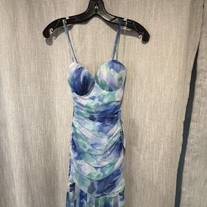 Katia Rae Dress Juniors XXS Blue Floral Ruched Sweetheart Chiffon Maxi Gown